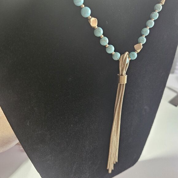 Gold Tone Long Necklace With Turquoise And Tassel Pendant 40 To 43" - Picture 6 of 13